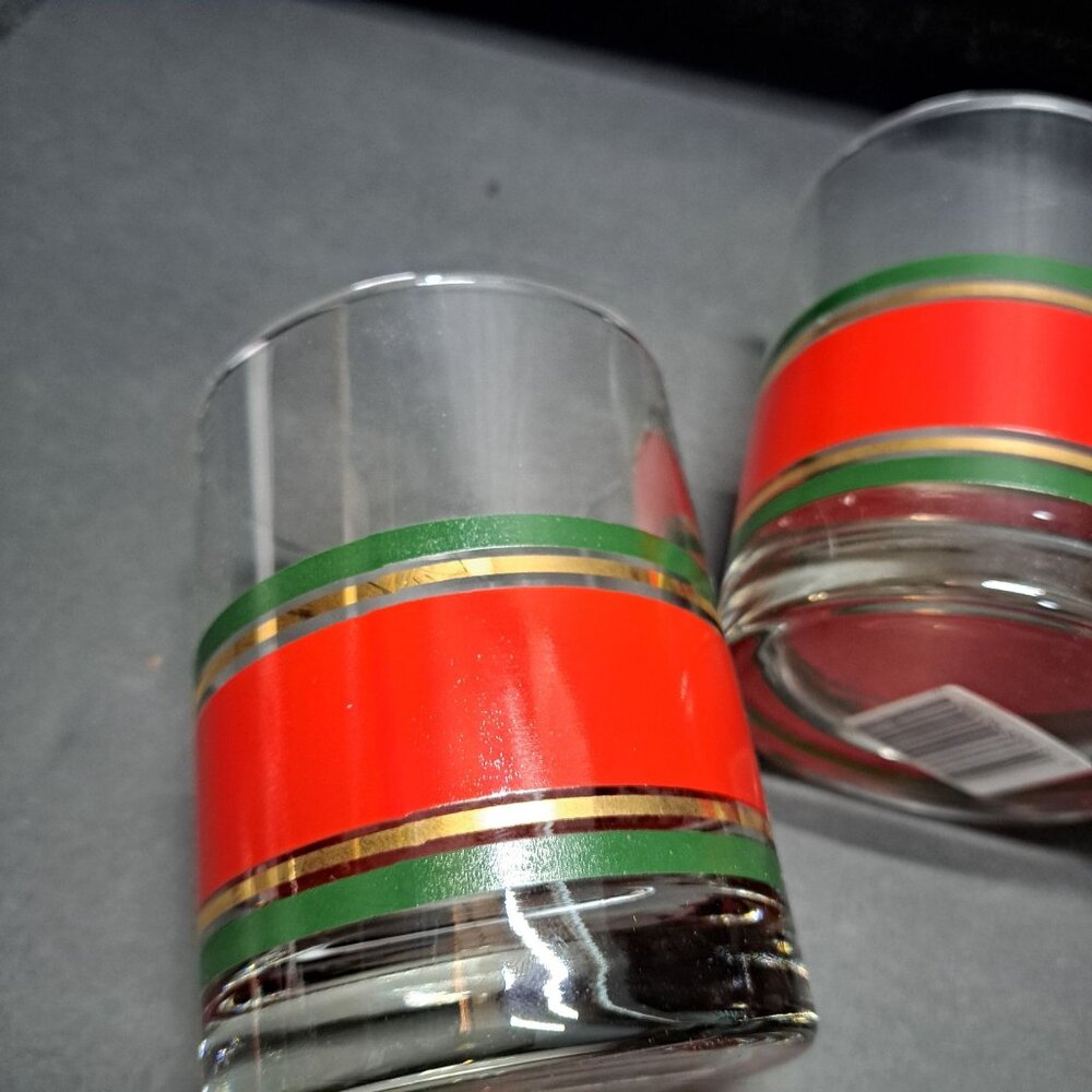 VTG Culver Glasses Red Green Gold Christmas 4" Tall Old Fashioned NIB Barware